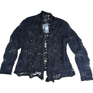 Eileen Fisher Shaped Cardigan Mohair Wool Lace Open Front Shawl L Black NWT lace